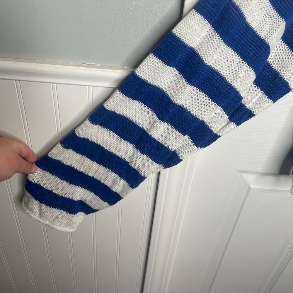 Madewell Linen V-Neck Sweater Beach Vacation Preppy in Sapphire Blue Stripe 2X - Picture 8 of 14